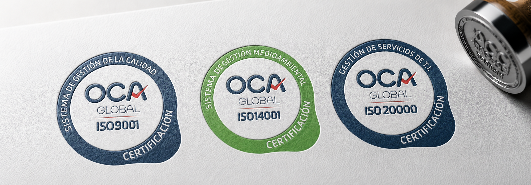 Sellos de certificación de OCA Global correspondientes a las normas ISO 9001, ISO 14001 e ISO 20000 de Cenit.